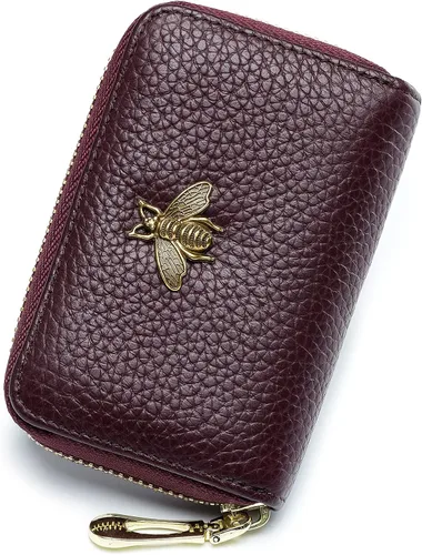 imeetu - Tarjetero de cuero con cremallera y contra identificación por radiofrecuencia (RFID) pequeño, cartera para mujer