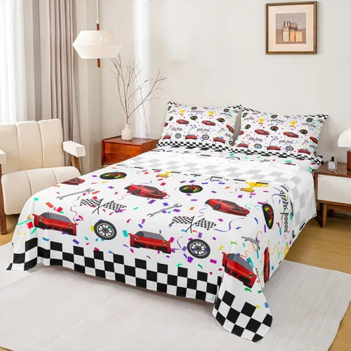 Juego de sábanas de 3 piezas con diseño geométrico a cuadros de coche de carreras rojo para niños, niñas y adultos, juego de sábanas coloridas de 3
