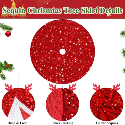 Miniatura 3 de MODFUNS Falda Roja para Árbol de Navidad Mini Faldas con Purpurina para Árbol de 21 Pulgadas Falda para Árbol de Navidad con Lentejuelas Tapete