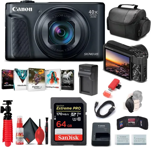 Canon Cámara digital PowerShot SX740 HS (negro) (2955C001) + tarjeta de memoria de 64 GB + batería NB13L + software de fotografía Corel + cargador +