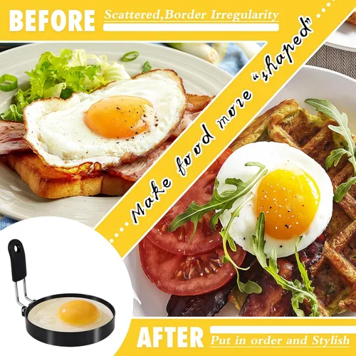 Miniatura 5 de Anillos de huevo para freír huevos, 3.5 pulgadas de acero inoxidable, para panqueques ingleses, magdalenas, con mango de silicona