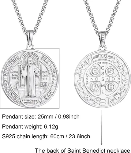 Miniatura 2 de WIOY Collar de medalla de San Benito de plata de ley 925 regalo de joyería católica de San Benito para hombres y mujeres