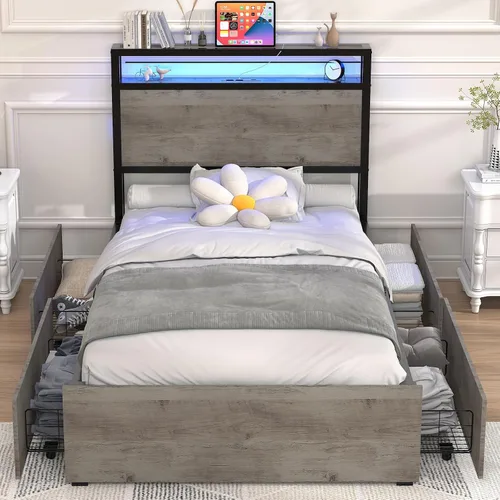 Miniatura 8 de Kiivakii Estructura de cama tamaño completo con cabecero, cama plataforma LED con 4 cajones de almacenamiento, estación de carga integrada, sin Negro