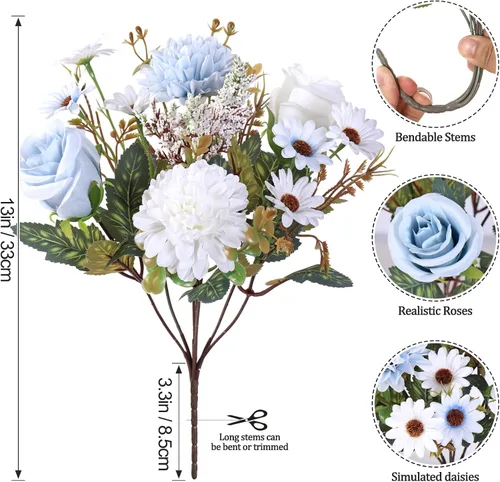 Miniatura 3 de Dremisland Fake Flower Bouquets,2 Packs Silk Rose Daisy Bouquet Artificial Flower Arrangement Realistic Rose Bouquets for Centerpiece Table Wedding