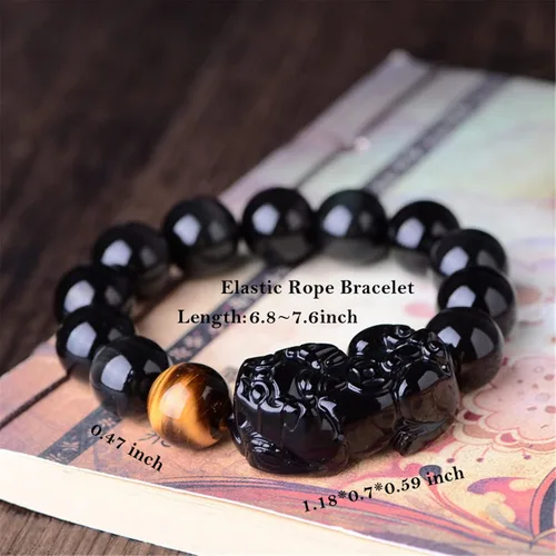 Miniatura 3 de Pulsera de obsidiana negra, pulsera de obsidiana negra Feng Shui para mujeres y hombres, pulsera elástica de obsidiana con piedra de ojo de tigre