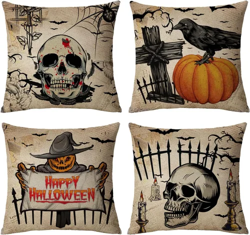 Juego de 4 fundas de almohada decorativas vintage de Halloween, diseño de calavera, calabaza, búho, cuervo, fundas de cojín de sofá de 12 x 12