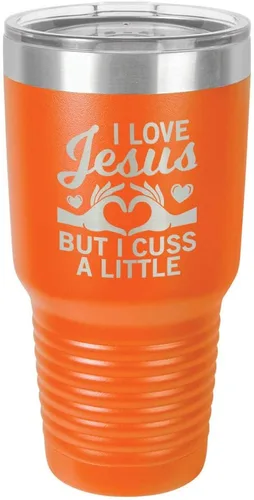 Miniatura 15 de Taza de viaje con texto en inglés "I Love Jessus I CUSS A LITTLE Engraved Tumbler", de acero con recubrimiento de polvo grabado con láser, sin BPA