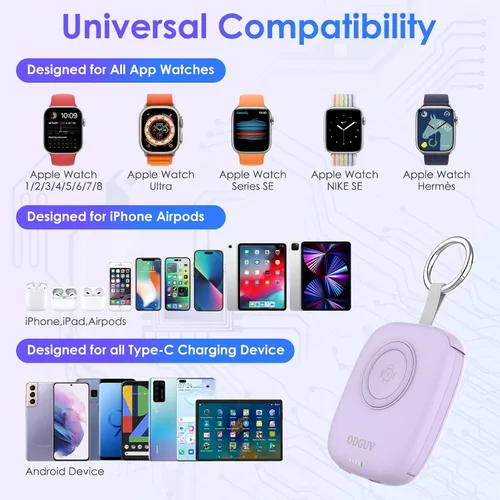 Miniatura 2 de Cargador portátil pequeño de 5000 mAh, cargador inalámbrico iWatch mini banco de energía con cable integrado, cargador de llavero de viaje