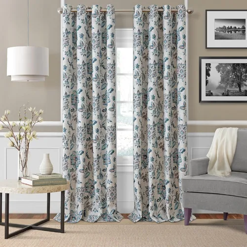 Elrene Home Fashions Sorrento - Cortina de ventana con diseño floral jacobeo para oscurecer la habitación, 52 x 95 pulgadas, azul/gris pardo
