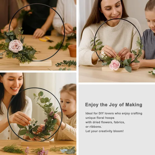 Miniatura 4 de Paquete de 10 aros florales negros con soporte, anillos de metal de 12 pulgadas para centros de mesa, decoración de mesa, manualidades, anillos