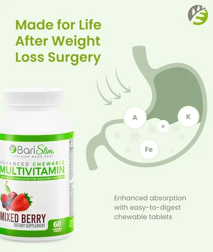 Miniatura 3 de BariSlim Tabletas multivitamínicas bariátricas masticables avanzadas, vitamina bariátrica y suplemento para cirugía posbariátrica, incluyendo bypass