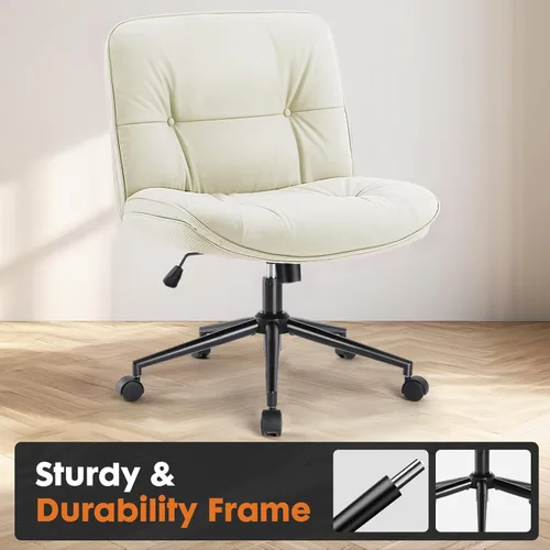 Miniatura 8 de Sweetcrispy Silla de Oficina Sin Brazos con Ruedas, Silla Amplia de Piernas Cruzadas, Sillas de Computadora Ajustables y Giratorias de Cuero