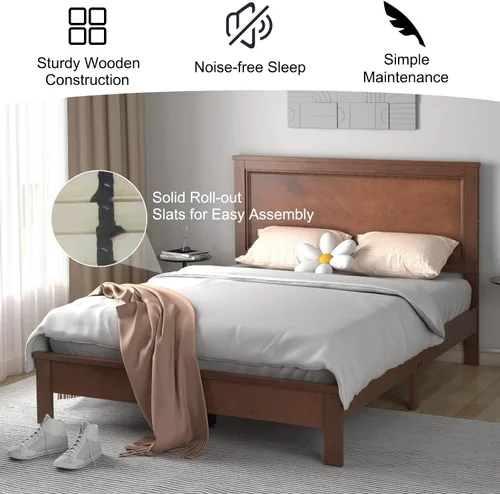 Miniatura 8 de KOMFOTT Armazón de Cama de Plataforma de Madera Tamaño Twin con Cabecero, Cama de Plataforma de Madera de Mediados del Siglo con Soporte de Listones