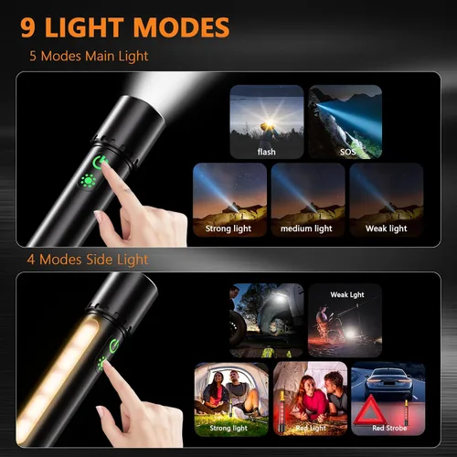 Miniatura 4 de Linterna LED recargable de alto lúmen, linterna súper brillante de 30W, linterna magnética de 2000 lúmenes con 9 modos, linterna de policía