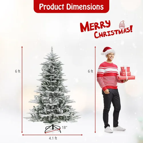 Miniatura 6 de DORTALA Árbol de Navidad flocado preiluminado de 6 pies, árbol de Navidad artificial con bisagras con 500 luces LED blancas frías, control remoto, 3
