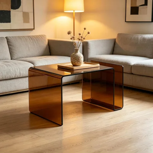 Miniatura 6 de Mesita de noche de cristal, mesa auxiliar, mesa auxiliar en forma de S para sala de estar, mesita de noche para dormitorio (marrón)