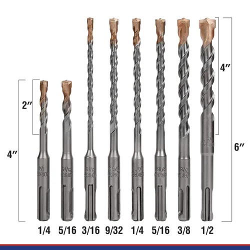 Miniatura 3 de WORKPRO SDS-Plus Juego de brocas de 8 piezas, punta de carburo, SDS+ Juego de brocas de martillo giratorio con estuche de almacenamiento