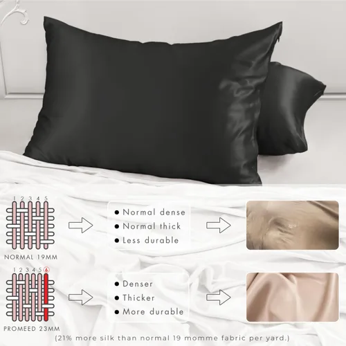 Miniatura 4 de PROMEED Funda de almohada de seda negra de grado 6A+ con cremallera, 23 fundas de almohada de seda de morera natural Momme para cabello y piel, Negro