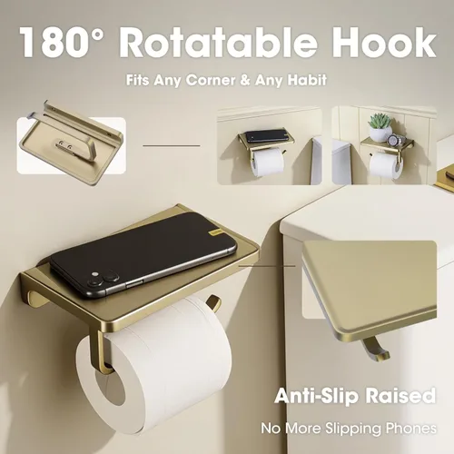 Miniatura 2 de TRUSTMI Soporte de papel higiénico con estante para teléfono, accesorios de baño, dispensador de rollo de pañuelos, almacenamiento, montaje en Oro