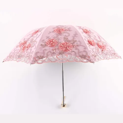 Miniatura 121 de Honeystore Sombrilla bordada con flor 3D plegable UV con encaje clásico