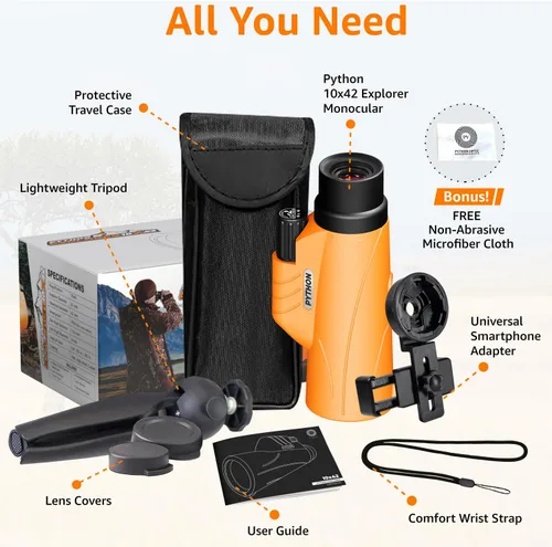 Miniatura 4 de Python - Telescopio monocular Explorer de 0.394 x 1.654 in con adaptador para teléfono inteligente y trípode, telescopio monocular de alta potencia