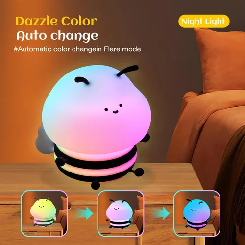 Miniatura 6 de Luz nocturna de abeja para niños, lámpara blanda, luz nocturna de animales, 3 niveles de brillo, lámpara para niños que cambia de color, lámparas