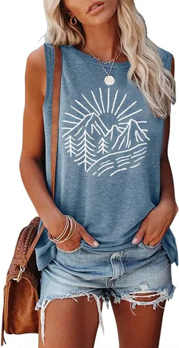 Miniatura 61 de Camisetas sin mangas de senderismo y montaña para mujer, divertidas camisetas de entrenamiento con gráficos de pino y amanecer, camisetas de verano