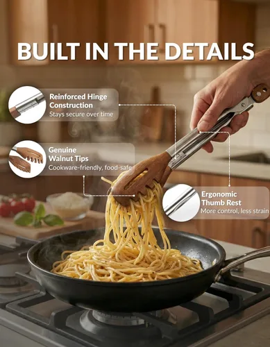 Miniatura 2 de Pinzas de cocina y servidor de pasta 3 en 1 – Pinzas multifunción de nogal de 12 pulgadas con puntas ranuradas tipo tenedor y planas para pasta