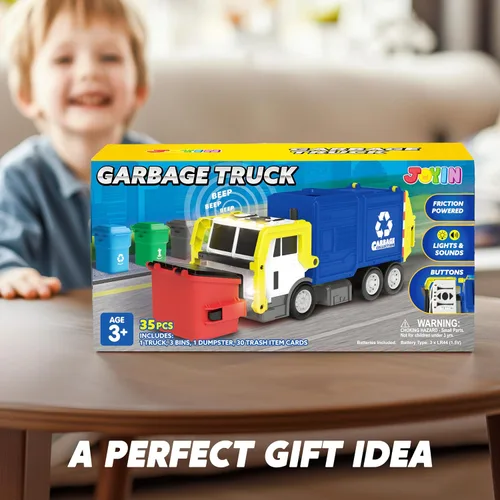 Miniatura 7 de JOYIN Juego de juguetes de camión de basura de fricción grande, incluye 1 contenedor, 3 cubos de basura y 30 tarjetas de aprendizaje para niños, Azul