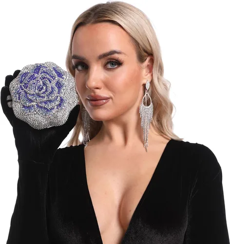 Miniatura 4 de Boutique De FGG Bolso de mano de cristal rosa para mujer, bolso de noche con flores, para boda, fiesta, graduación, novia, con diamantes