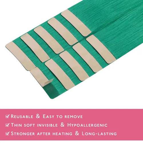Miniatura 5 de Wennalife Extensiones de cabello humano con cinta, extensiones de cabello humano color verde, 10 unidades, 0.88 oz, 14 pulgadas, extensiones