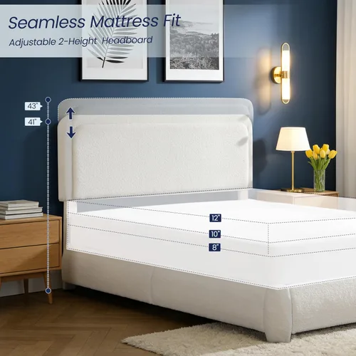 Miniatura 3 de Flolinda Base de cama tapizada de tamaño Queen con cabecera ajustable, plataforma moderna con listones de madera de tela Boucle, perfil bajo,