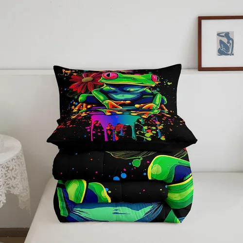 Miniatura 5 de Juego de edredón de rana, juegos de ropa de cama de animales de dibujos animados, tamaño individual, relleno de edredón de grafiti de teñido anudado