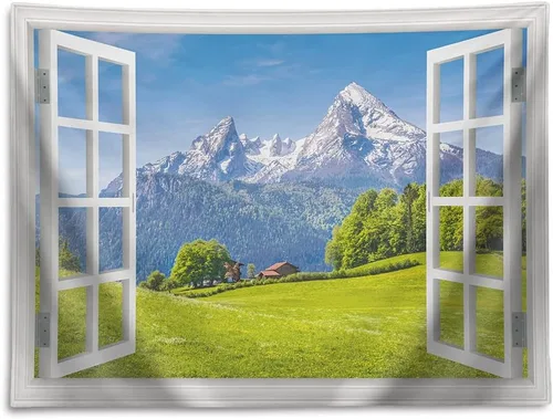 Tapiz de naturaleza, montañas majestuosas en la temporada de primavera con cielo de hierba fresca y paisaje de cabaña de campo, vista de ventana