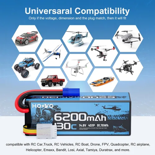 Miniatura 6 de HOOVO Batería Lipo 4S, 14.8 V, 6200 mAh, 130C, carcasa rígida para automóvil RC con enchufe EC5, compatible con escala 1/8 y 1/10 RC Vechile, Arrma