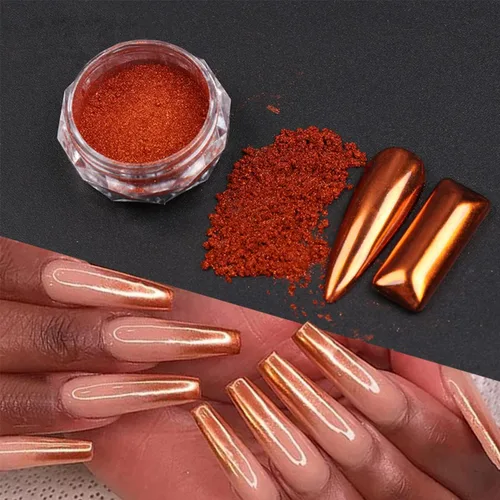 Miniatura 4 de Polvo mágico de uñas cromado, efecto espejo metálico holográfico, plateado, cobre, negro, marrón, manicura, pigmento con purpurina para diseño