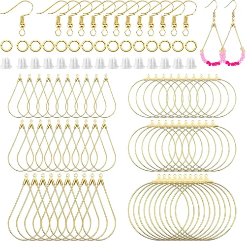 Miniatura 9 de Juego de 360 aros de cuentas para hacer joyas, con aros redondos de lágrima, anillos de salto abiertos, ganchos y respaldos para aretes, suministros