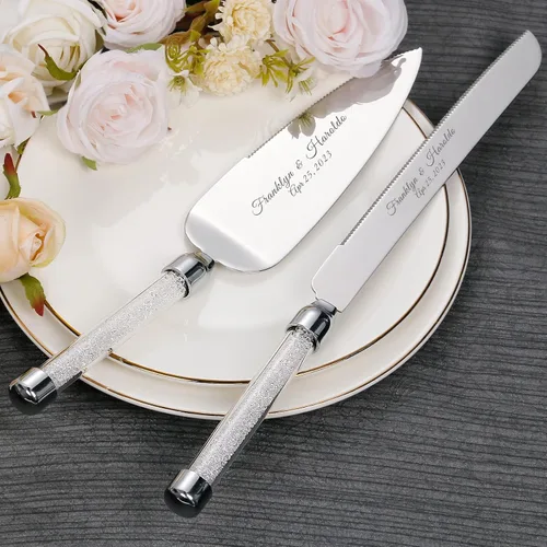 Miniatura 11 de Juego de cuchillo y servidor personalizado para pastel de boda, juego de corte de pastel de cristal grabado, cortador de pastel plateado, cuchillo