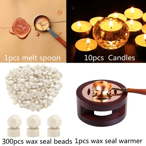 Miniatura 3 de Cuentas de sellado de cera, 300 cuentas de sello de cera blanca perla, 1 calentador de sello de cera de madera, 1 cuchara derretida y 10 velas de té