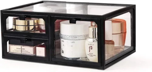 Miniatura 6 de MOOCHI Organizador de maquillaje cosmético de vidrio vintage negro con 3 cajones, juego de polvo impermeable para cosméticos, vitrina