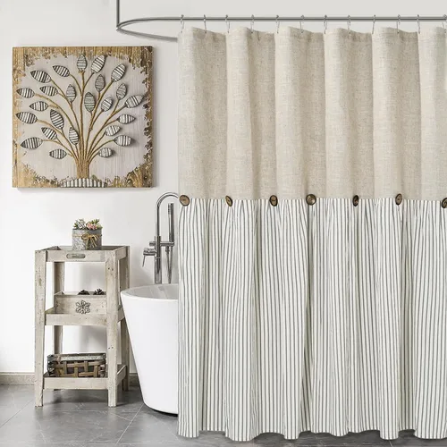 DOSLY IDÉES Cortina de ducha de casa de campo, rayas beige y gris, cortina con botones, tela tejida de lino y algodón, estilo rústico con encanto