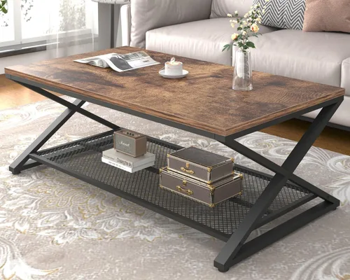 Miniatura 10 de LVB Mesa de café rústica, mesa de cóctel de té de madera y metal industrial de 2 niveles con almacenamiento para sala de estar, mesa central Marrón