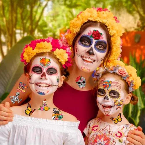 Miniatura 5 de HOWAF 96 tatuajes de cara del Día de los Muertos, disfraz de Día de los Muertos, tatuajes temporales del Día de los Muertos, calcomanías de calavera