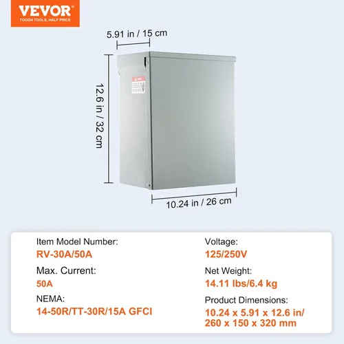 Miniatura 7 de VEVOR Panel de salida de energía temporal, caja de interruptor eléctrico para RV resistente a la intemperie con un receptáculo de 20/30/50 amperios