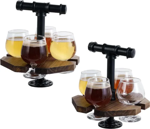 MyGift Bandeja de madera quemada maciza para servir whisky y cerveza con asa de transporte industrial de tubo de metal negro y 4 vasos de cerveza