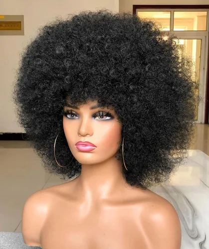 Miniatura 3 de Peluca Afro Corta con Flequillo para Mujeres Negras, Peluca Afro Rizada Esponjosa de Calidad, Peluca Afro Sintetica Grande de los 70 (Negra)