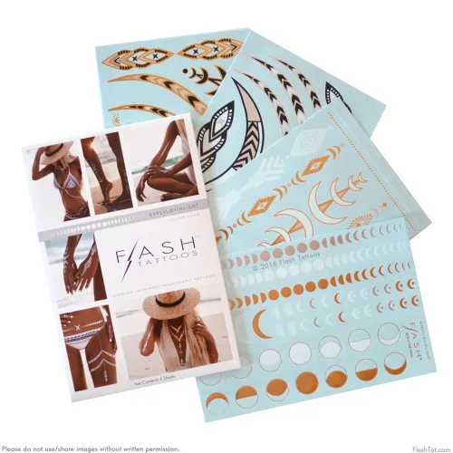 Miniatura 2 de Flash Tattoos Lunar Love - Tatuajes temporales metálicos auténticos, paquete de 4 hojas (negro/dorado/plateado/blanco) – Incluye más de 38 tatuajes