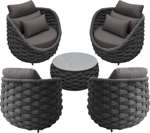 Miniatura 57 de TWT 3-Piece Woven Rope Patio Furniture Set, 2 Outdoor Armchairs with Soft Cushions + Round Aluminum Coffee Table, All-Weather Conversation Set for