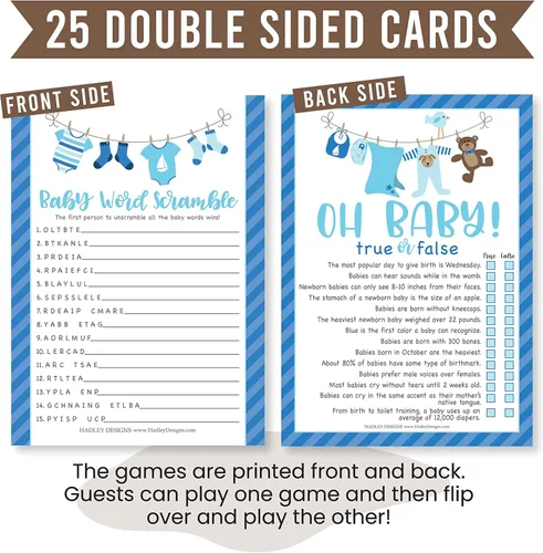 Miniatura 3 de Hadley Designs Juegos de baby shower para 25 invitados – Juego de ropa azul para baby shower, juego de baby shower verdadero o falso, juego