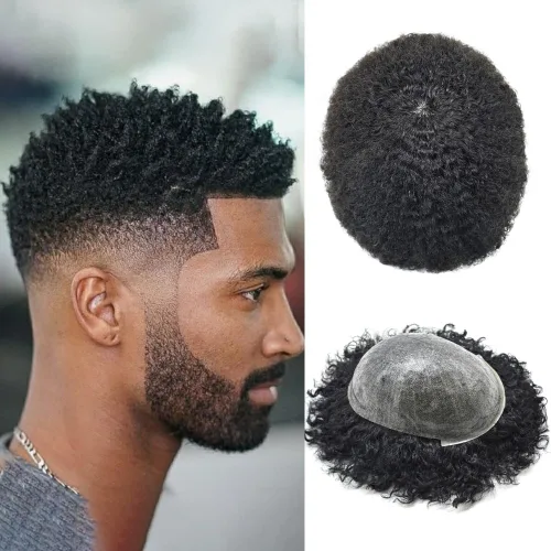 FACE MIRACLE Afro Toupee para hombres negros, extensiones rizadas para hombre, todos los sistemas de cabello humano de poliuretano afroamericano 1B#